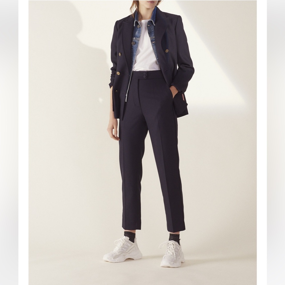 Sandro Straight-cut Tailored Pants In Navy Blue Size 36